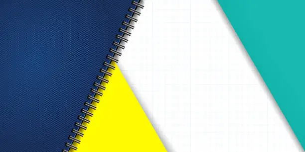Vector illustration of School education concept in cartoon style. Stylish school background made of colorful paper, denim notebook, checkered notebook sheet. Creative banner or template.