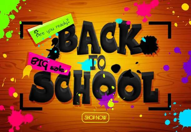 Vector illustration of School education concept in cartoon style. Volumetric text of greetings and discounts with stickers and blots on an abstract wooden background. Creative web banner or web template.