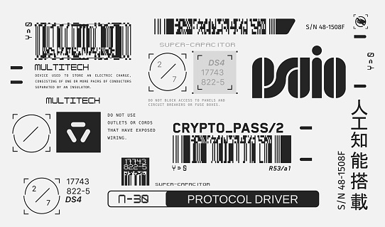 Cyberpunk decals set. Set of vector stickers and labels in futuristic style. Inscriptions and symbols, Japanese hieroglyphs: danger, attention, AI controlled, high voltage, warning.