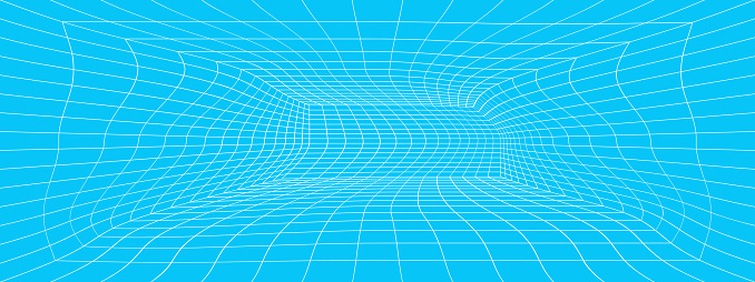 Distorted white square room wireframe in perspective on blue background. Hallway, studio, portal or box warped grid structure. Vector illustration