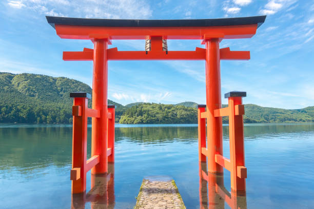Torii gate in Japanese temple gate at Hakone Shrine near lake Ashi Hakone, Kanagawa Prefecture, Japan - July 2, 2023 : Torii gate in Japanese temple gate at Hakone Shrine near lake Ashi shinto stock pictures, royalty-free photos & images