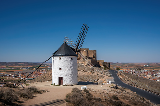Cardeno Windmill and Consuegra Castle (Castle of La Muela) at Cerro Calderico - Consuegra, Castilla-La Mancha, Spain