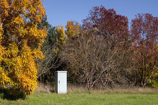 Telecommunication box among autumn trees on a sunny day.