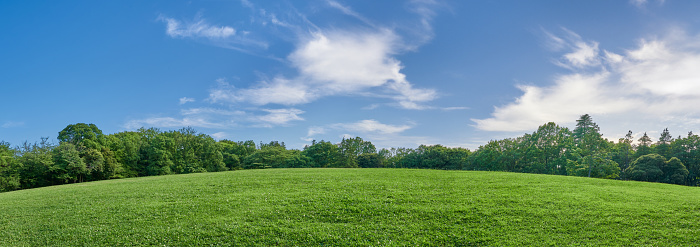 this color image is of rolling hills of green grass or lawn or a golf course fairway. the green grass has been mowed. and in the background is blue sky with white clouds. the photo was taken during the summer or spring. and the lighting is warm natural sunlight during the day or evening. the photo is a natural abstract background. 