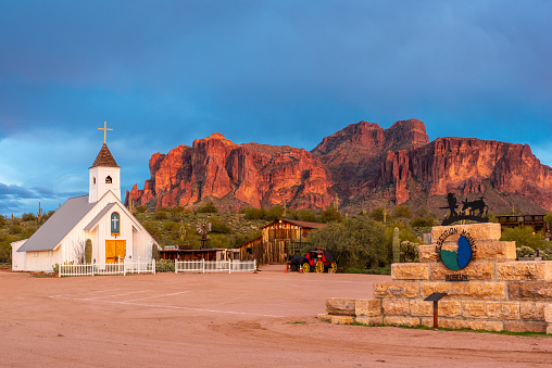 Arizona's Superstition Mountain looms over its namesake museum. Charro, starring Elvis Presley, and other western films were once filmed at this location.