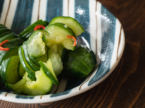 Spicy pickled cucumber. Japanese food.