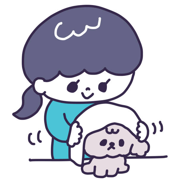 ilustraciones, imágenes clip art, dibujos animados e iconos de stock de ilustración de una mujer joven limpiando un lindo perro caniche de juguete con una toalla - scratching dog skin condition allergy