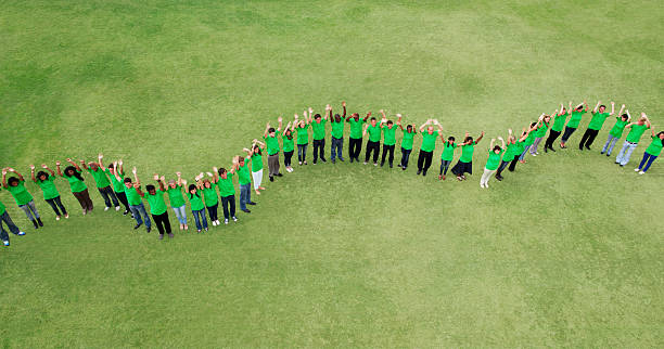 Portrait of people in green t-shirts forming wavy line in field  large group of people facing camera stock pictures, royalty-free photos & images
