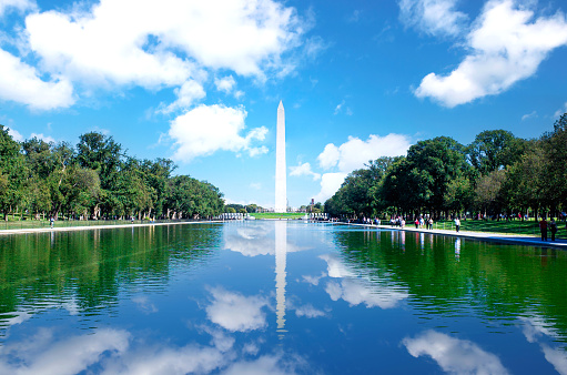 Washington Monument in Washington DC, United States reflecting in the Lincoln Memorial Reflecting Pool