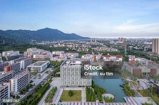 istock Aerial view of urban residential office complex and artificial lake 1518121367