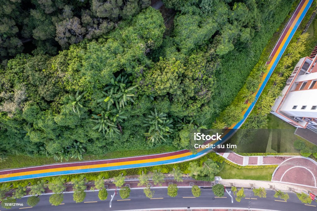 Aerial view of the colored runway in the green area Greenwashing Stock Photo