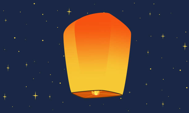 клипарт с летающим небесным фонариком. простая векторная иллюстрация дизайна небесного фонарика на ночном звездном небе. китайские фонари - sky lantern stock illustrations