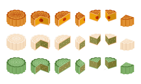 Full set of whole, half, a quarter of mooncakes with different flavors and ingredient clipart. Baked, sticky rice, matcha tea flavor mooncake vector design illustration. Mid-Autumn Festival moon cake