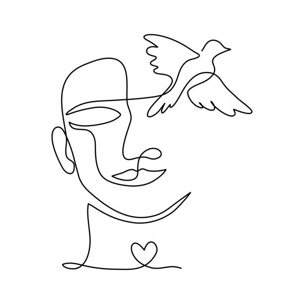 illustrations, cliparts, dessins animés et icônes de art au trait continu d’une personne heureuse avec un symbole d’oiseau et de cœur, concept d’amour de soi. illustration vectorielle lineart. - bird brain