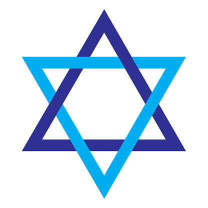 Vector illustration of a blue Star of David on a white square background.