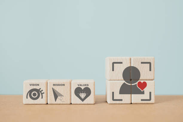 istock vision, mission, values and customer loyalty symbol on wooden cube block including copy space, Purpose business, strategy concept 1518254962