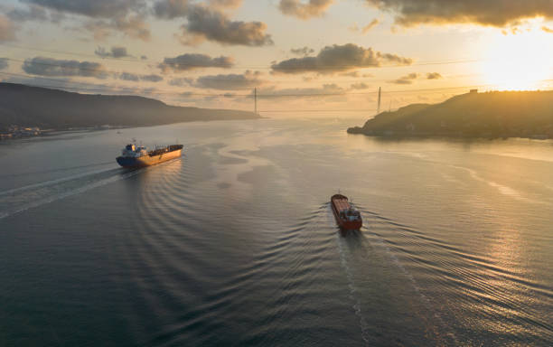 istock Aerial view tanker ship with liquid bulk cargo and cargo ship in transit at sunrise. 1518279794