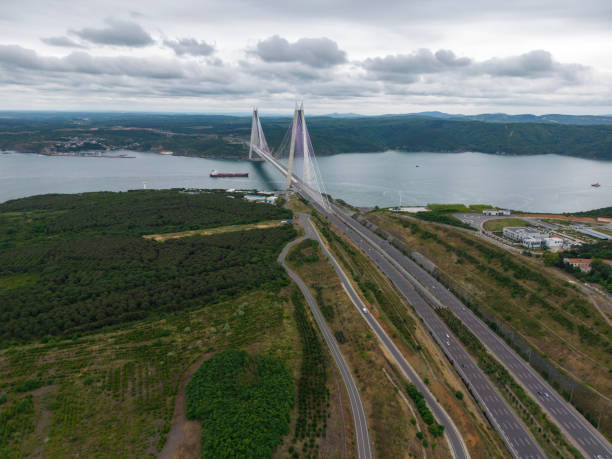 istock Aerial view of Cargo ship passing under Yavuz Sultan Selim Bridge. 1518322860
