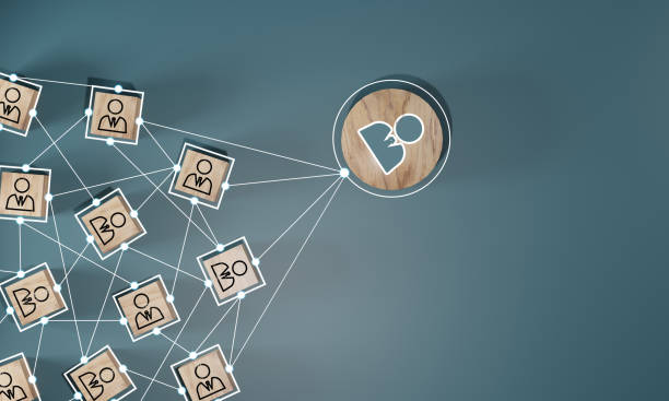 istock Wooden cube block print screen person icon which link connection network for organisation structure social network and teamwork concept. 1518325434