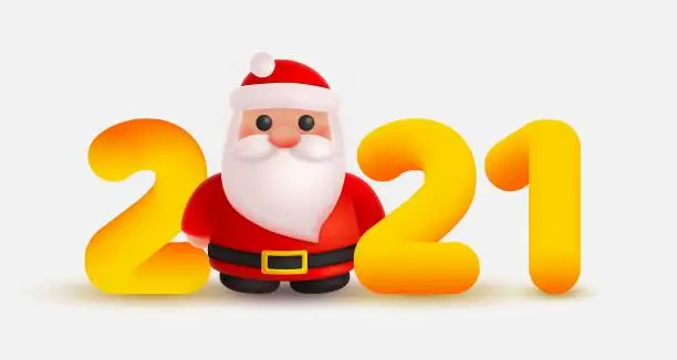 Vector illustration of Christmas Santa Claus and gold, yellow numbers 2021 look like 3d rendering. Happy New Year illustration for postcard, banner, decor, design, arts on white background.