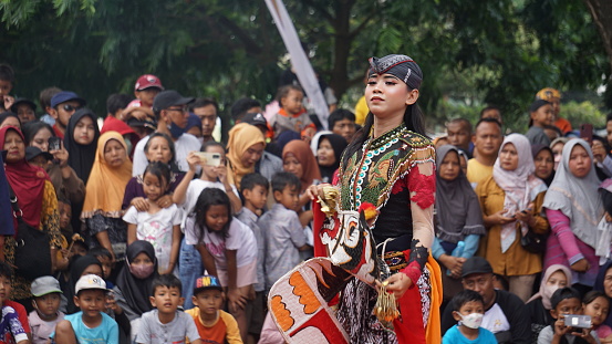Kediri, East Java, Indonesia - June 18th, 2023 : Jathil or jathilan dance. This dance is part of the Reog Ponorogo dance