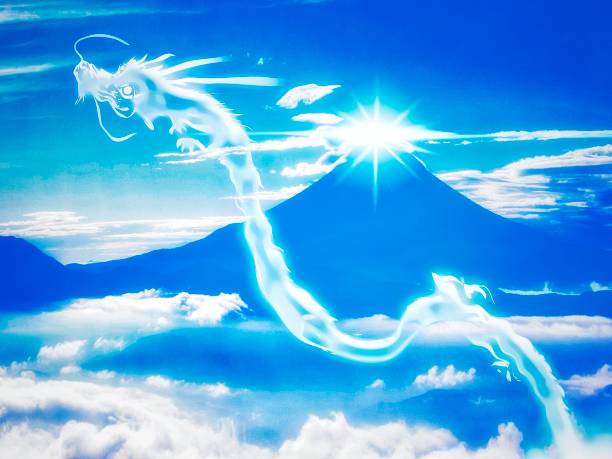 istock Japanese mount fuji and abstract dragon silhouette illustration 1518353155