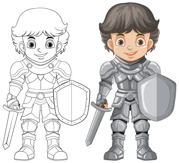 Vector illustration of Cartoon knight boy cartoon character with doodle outline for colouring