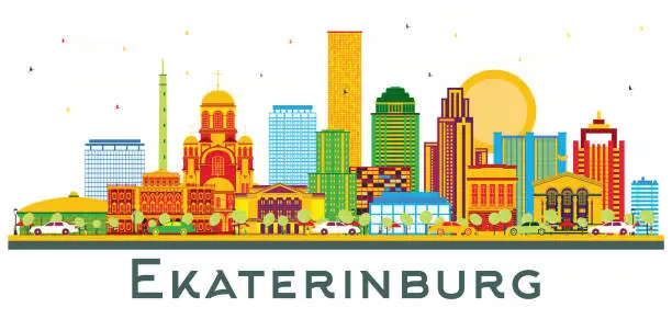 Vector illustration of Ekaterinburg Russia City Skyline with Color Buildings Isolated on White.