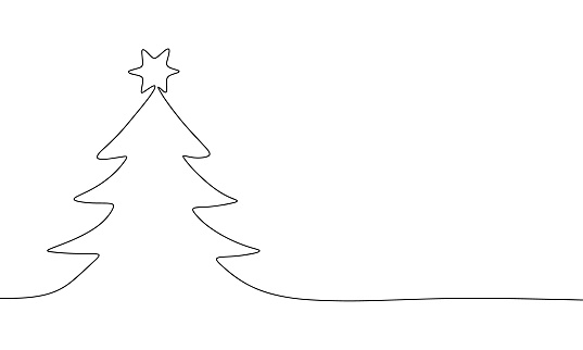 Pine fir tree with star. Continuous one line drawing. Vector illustration minimalistic design