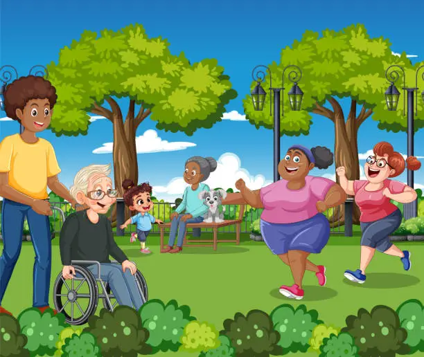 Vector illustration of People with different gender age and race at the park doing different activities