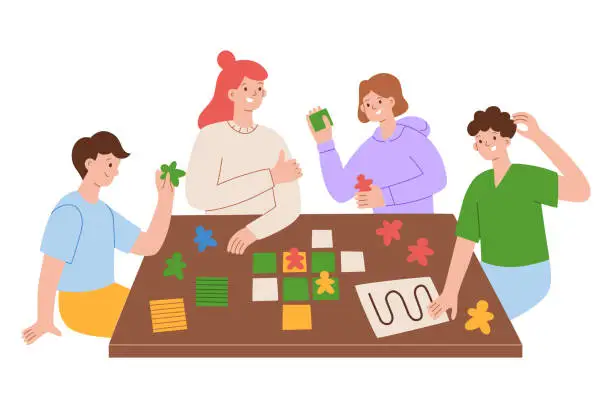 Vector illustration of Family playing strategy board game. Hand drawn composition with adults and children spend time together. Fun activity and hobby