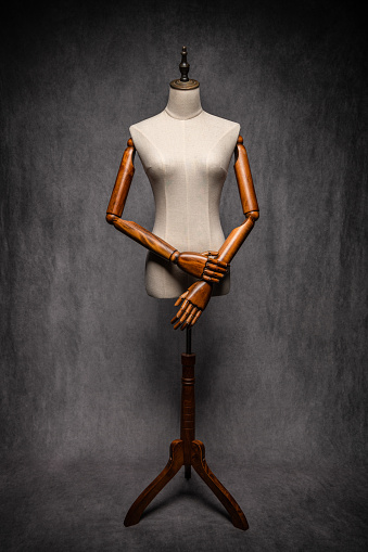 Wooden female dressmakers mannequin, retro style with arms and adjustable stand