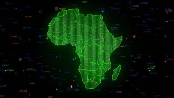 istock Futuristic Green Colorful Shiny Digital Technology Hud Dots Mosaic Grid Africa Map Separate Regions Light Scanning With Numeric Tech 1518434022