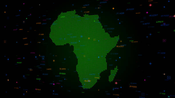 istock Futuristic Green Colorful Shiny Digital Technology Hud Dots Mosaic Grid Africa Map Perspective View With Numeric Tech Particles 1518434023