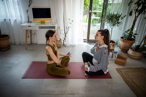 Pregnant woman exercising at home. Exercising on exercise mat and working yoga exercise with the help of her best friend.