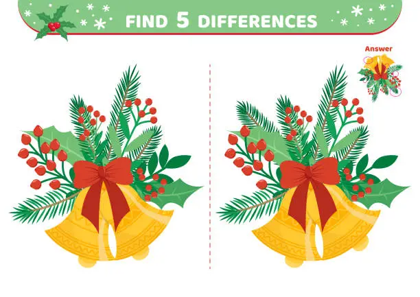 Vector illustration of Golden bells. Christmas. Find 5 differences. Game. Flat, cartoon, vector