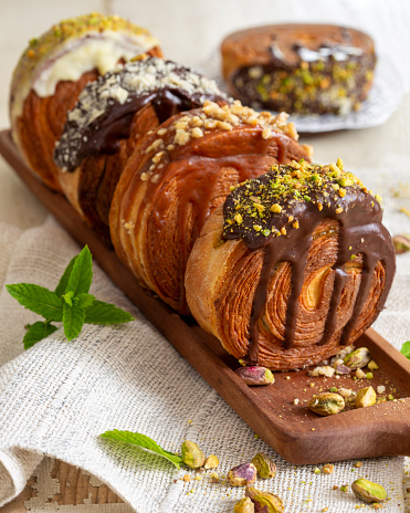 Round croissant, New York Roll, stuffed pastry with with different dressings.