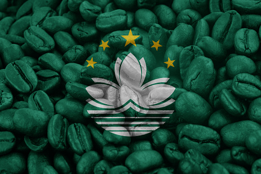 Macau Flag on background coffee beans
