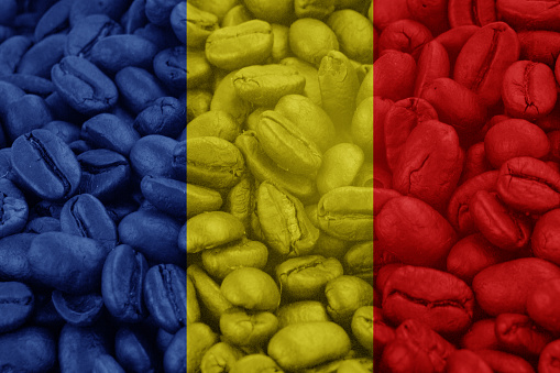 Romania Flag on background coffee beans