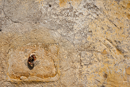 Weathered wall of old French estate displays a stucco texture adorned with a rusty hook.
