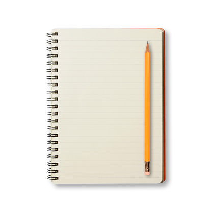 Overhead shot of opend red spiral notebook with yellow pencil, isolated on white with clipping path.