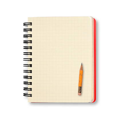 Overhead shot of opend red spiral notebook with old yellow pencil, isolated on white with clipping path.