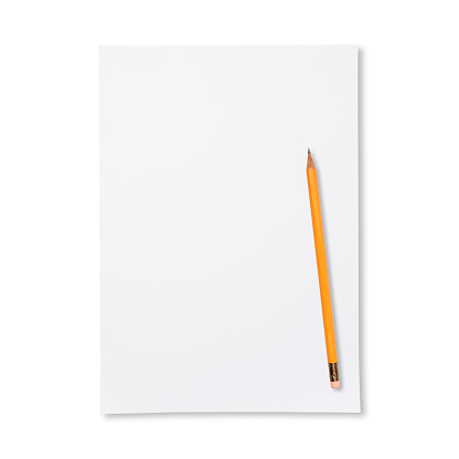 Overhead shot of blank paper with yellow pencil, isolated on white with clipping path.