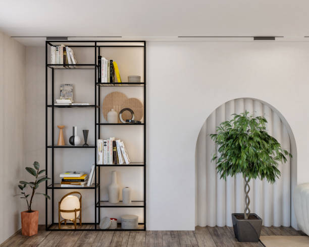 istock Minimalist interior design on arch wall background. Wall mockup concept, 3d render 1518638119