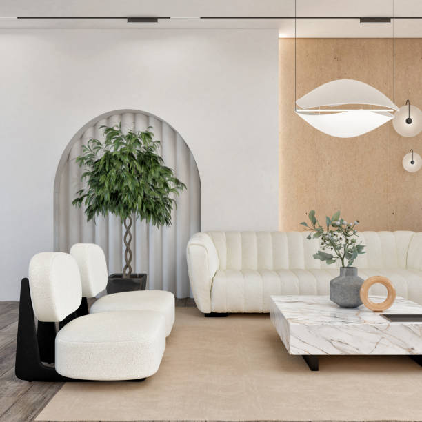 istock Minimalist interior design on arch wall background. Wall mockup concept, 3d render 1518644246
