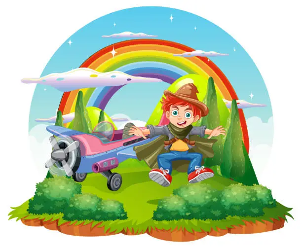 Vector illustration of Boy cartoon with plane landing on the grond island