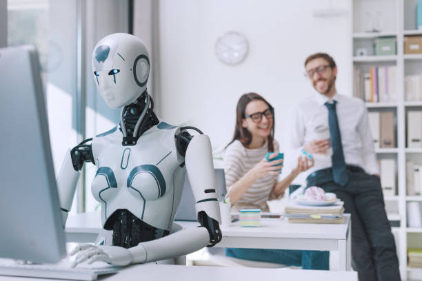 Efficient AI robot working and lazy employees Efficient AI robot working in the office and lazy employees having a coffee break dumb-robot stock pictures, royalty-free photos & images
