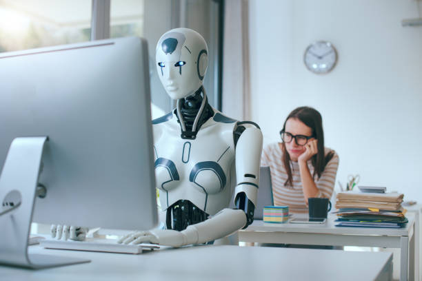 istock Disappointed stressed woman and AI robot in the office 1518656084