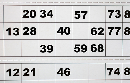 Bingo Card macro photo with bold black numbers, on pale white card.
