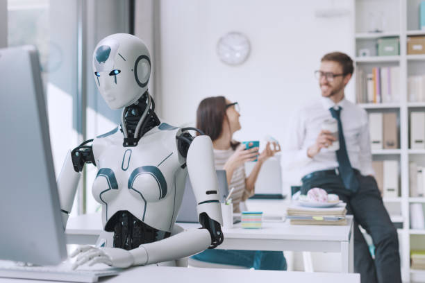Efficient AI robot working and lazy employees Efficient AI robot working in the office and lazy employees having a coffee break dumb-robot stock pictures, royalty-free photos & images